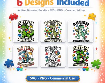 Autism Awareness Dinosaur Bundle PNG & SVG – 6 Funny Dino Puzzle Neurodiversity Designs Pack for Cricut Sublimation (Digital Download)
