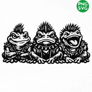 May include: Black and white illustration of three punk rock frogs. Each frog has a spiky mohawk, studded jacket, and a unique facial expression. The image is a PNG SVG file.