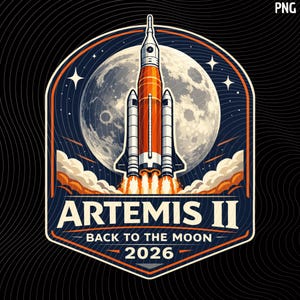 Artemis 2 raketritning PNG, månuppdrag rymduppskjutningsdesign, astronaut månschema, NASA-stilgrafik, digital nedladdning