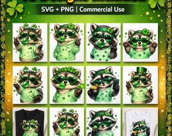 St Patricks Day Raccoon SVG Bundle, 10 Design Pack, Funny Trash Panda PNG, Lucky Shamrock Shirt Design, Irish Cricut Cut Files