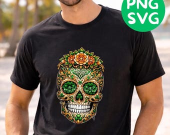 Sugar Skull St Patrick’s Day PNG SVG, Shamrock Celtic Skull Digital Download, Lucky Irish Day of the Dead Clipart Cut File
