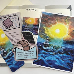 May include: A collection of fantasy-themed items, including bookmarks, cards, and a print, featuring artwork of a ship sailing on a stormy sea under a bright sun. The items have text that reads "The Quiet Forge" and "One for the Books".