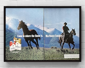 Vintage des années 1970 Marlboro Country Original des années 70 Magazine 2 pages publicité affiche impression Art mural décoration maison cadeau collection Mancave Bar Cowboy Western