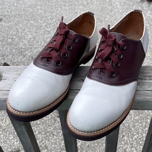 Vintage 1950s Saddle Two Tone Dress Shoes Womens Size 8 US Original White Maroon 50s Outfit Derby Leather Classy Formal Golf Rockabilly
