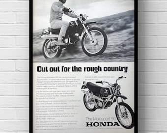 Póster publicitario original de revista de los años 60 de Honda Motorsport 90 Biker. Decoración de pared para el hogar, regalo, ideal para aficionados a las motos, la cueva del hombre o el garaje.