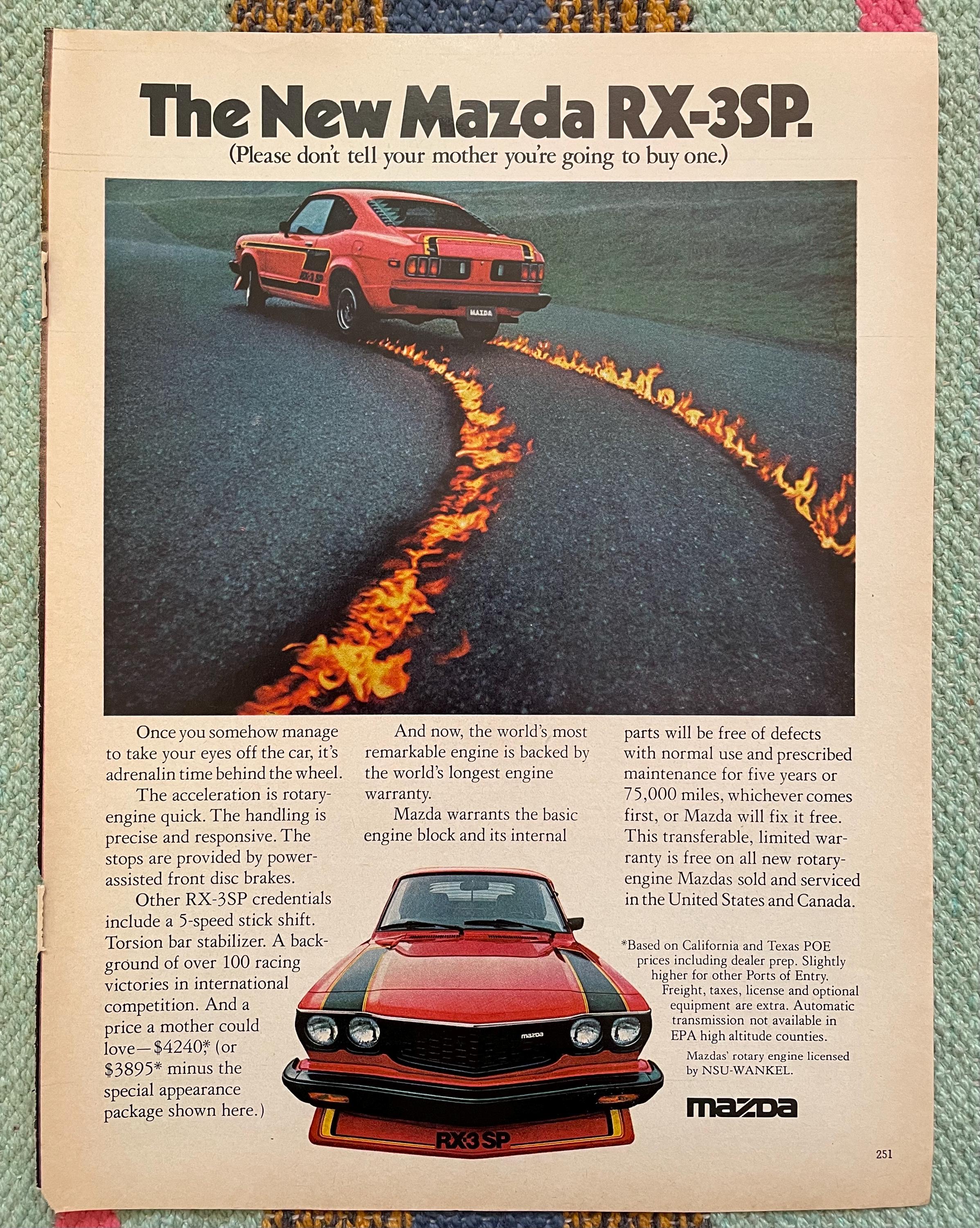 Vintage 1970s Mazda RX-3SP Car Original 70s Magazine Page Ad