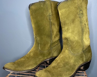 Botas vaqueras vintage de los años 70 para mujer, talla 7 US, de ante, color verde original. Conjunto de los años 70, estilo western, de cuero, regalo para granjeros, con punta puntiaguda, estilo ranchero.