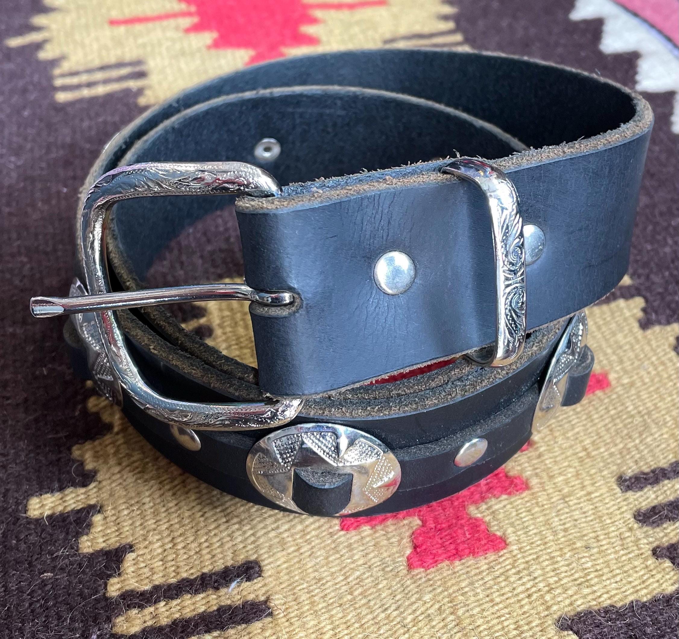 WESTERN Boho belt with conchos black leather silver pewter tip and buckle LARGE Western Belt with Silver Conchos main image 3