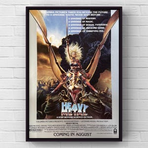 May include: A film poster for Heavy Metal depicting a blonde character riding a winged creature and brandishing a sword. The text reads: COLUMBIA PICTURES TAKES YOU BEYOND THE FUTURE TO A UNIVERSE YOU'VE NEVER SEEN BEFORE... HEAVY METAL A STEP BEYOND SCIENCE FICTION.