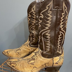 Può includere: Un paio di stivali da cowboy con un motivo a pelle di serpente sul piede e una tomaia in pelle marrone scuro. La tomaia presenta cuciture decorative in un colore marrone più chiaro. Gli stivali hanno punte a punta e tacchi angolati.