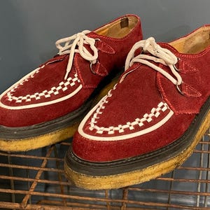Vintage 2000s John Fluevog Suede Red Creepers Size Mens US 9 / Womens 11 US Goth Rockabilly Shoes Original Y2K Punk Rock 00s Tie Up Teddy