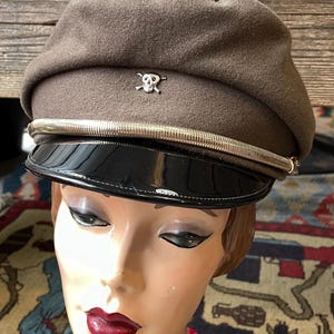 Vintage 1970s Patch Biker Wool Hat Cap One Size Original 70s Accessories Retro Small Medium Clothing Gift Unisex Rocker Chain Skull Brown