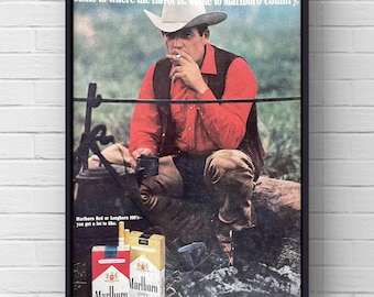 Vintage 1970s Marlboro Country Original 70s Magazine Page Ad Poster Print Wall Art Home Decor Gift Collectible Mancave Bar Cowboy Western