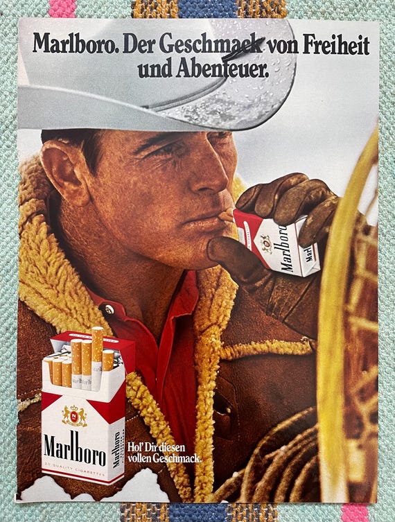 Vintage 1980s GERMAN Marlboro Cowboy Original 80s Magazine Page Ad Poster Print Wall Art Home Decor Gift Collectible Mancave Bar Cigarettes