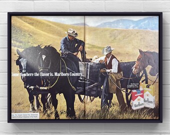 Póster publicitario original de 2 páginas de la revista Marlboro Country de los años 70, ideal para decoración de pared, regalo para el hogar, bar o cueva de hombre. Estilo vaquero del oeste.