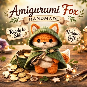 May include: A handmade Amigurumi fox doll, orange and white with a green hooded cape, stands on a wooden surface. The image includes the text "Amigurumi Fox Handmade" and "Unique Gift". A small bag of gold coins and other decorative elements surround the fox.