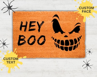 Personalized Halloween Doormat, Custom Pumpkin Face Doormat, Hey Boo Door Mat, Spooky Welcome Mat, Halloween Decor, Custom Name Rug