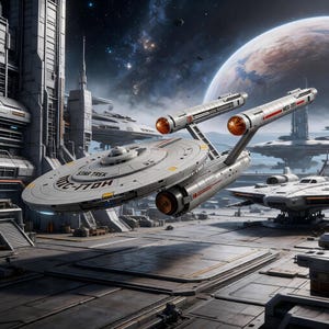 Peut inclure: Image numérique d'un vaisseau spatial Star Trek, l'USS Enterprise NCC-1701H, en vol au-dessus d'une station spatiale. Le vaisseau est argenté avec des détails rouges et le texte "Star Trek" est visible. L'arrière-plan présente une planète et d'autres vaisseaux spatiaux.