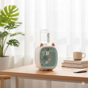 May include: A white and mint green portable air cooler with a water bottle on top. The cooler has a cat ear design and a fan visible behind the front grill. A small beige mug, books, and a computer mouse are on the wooden desk.