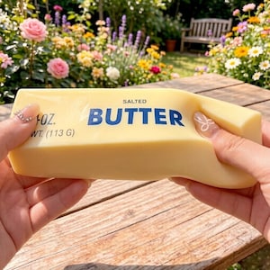 Könnte beinhalten: Ein Block gesalzener Butter mit dem Wort "BUTTER" in blauen Buchstaben. Das Etikett gibt auch an, dass das Gewicht 113 Gramm beträgt. Die Butter wird in zwei Händen gehalten, mit einem verschwommenen floralen Hintergrund.