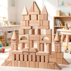 May include: A wooden block set constructed as a castle. The blocks are in various shapes, including rectangular prisms, triangles, arches, and cylinders. The blocks are a natural wood colour and are stacked to create a multi-tiered structure.