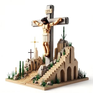 Puede incluir: Una detallada escultura de LEGO que representa la crucifixión de Jesús. La figura está en una cruz gris con la palabra "LEIS" en la parte superior. La escena incluye un paisaje rocoso, escaleras y otros símbolos religiosos, todos construidos con ladrillos LEGO.