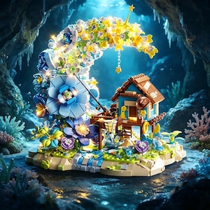 May include: A whimsical Lego set depicting a seaside cottage scene. The set features a blue and brown house, a fishing rod, and a crescent-shaped floral arrangement with yellow stars. The base includes blue water and colorful flowers, creating a fantasy underwater environment.