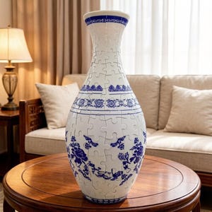 Puede incluir: Un jarrón de rompecabezas blanco y azul con un diseño floral tradicional. El jarrón está ensamblado a partir de piezas de rompecabezas entrelazadas, con una combinación de colores azul y blanco. El jarrón está sobre una mesa de madera.