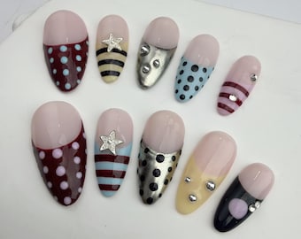 Handmade Striped Press On Nails: 3D Gem Flake Gel Nail Art