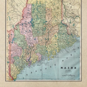TÉLÉCHARGEMENT IMMÉDIAT Carte ancienne de l'État du Maine The Pine Tree State New England Poster Print Art mural, Décoration de ferme, Décoration côtière