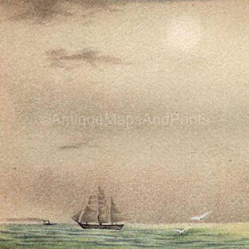 Puede incluir: Una ilustraci&oacute;n vintage de un velero con un solo m&aacute;stil y velas, navegando en un mar tranquilo bajo un cielo nublado. El cielo es de color marr&oacute;n claro y el mar es de color verde claro.