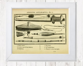 INSTANT DOWNLOAD Antique Fishing Lures Rods Wooden Reel Wall Art Rustic Cabin Decor Rod and Reel Art Print Poster Printables
