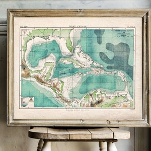 DOWNLOAD INSTANTÂNEO Mapa incomum das ilhas das Índias Ocidentais Porto Rica Bahamas Jamaica Virgin Profundidades do oceano e elevação da terra Final dos anos 1800 Imprimíveis