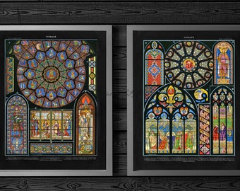 INSTANT DOWNLOAD 2 Poster Set Stained Glass Cathedral Church Windows Notre Dame Rose Window Larousse French