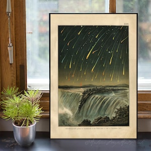May include: A vintage illustration of a night sky with a meteor shower over Niagara Falls. The image is in a black frame and has the text "XXV" in the top right corner.