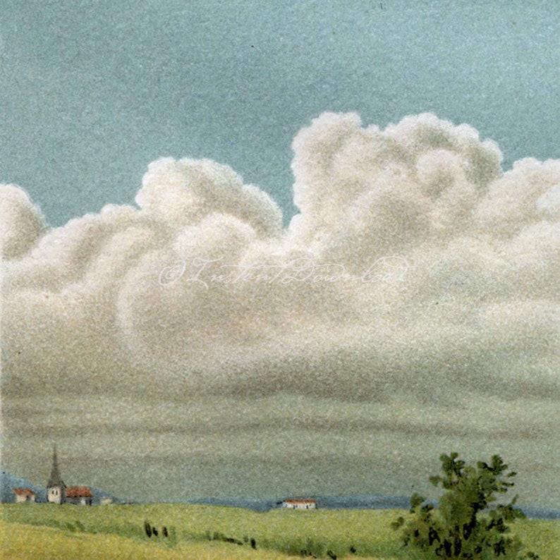 Puede incluir: Una pintura de acuarela de un paisaje con una gran nube blanca y esponjosa en el cielo. La nube cubre la mayor parte del cielo, dejando un peque&ntilde;o parche de azul visible. En primer plano, hay algunas casas peque&ntilde;as y &aacute;rboles.