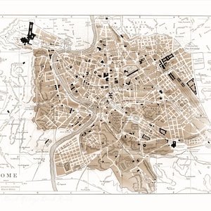 Puede incluir: Un mapa vintage de Roma, Italia, en tonos sepia con líneas negras. El mapa muestra las calles, edificios y monumentos de la ciudad. El título "ROMA" está impreso en la parte inferior del mapa.