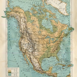 DESCARGA INSTANTÁNEA Mapa físico de América del Norte, Canadá, Estados Unidos, Golfo de México, póster, impresión, geografía, imprimible, regalo DIY