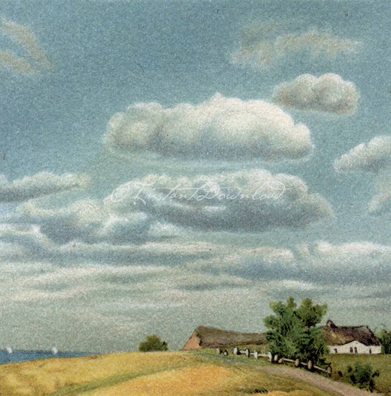 Puede incluir: Una pintura de acuarela de un paisaje rural con una granja en la distancia. El cielo es de un azul claro con nubes blancas y esponjosas. El primer plano es un campo de hierba amarilla.