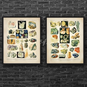 Może przedstawiać: Dwie vintage ilustracje minerałów, oznaczone jako "Mineraux" po francusku. Ilustracje przedstawiają różnorodne kolorowe i fakturowane minerały, w tym kryształy, kamienie szlachetne i skały.