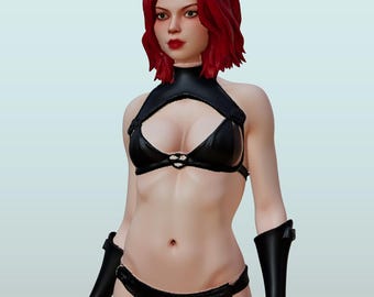 Könnte beinhalten: Eine Figur mit kurzem rotem Haar und schwarzen Hörnern, bekleidet mit einem schwarzen Bikini-Oberteil mit Totenkopf-Detail, einem schwarzen Bikini-Unterteil und schwarzen fingerlosen Handschuhen. Die Figur hat einen hellen Teint.
