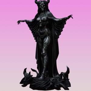 May include: A black statue of a horned skeletal figure with a skull face, wearing a flowing cape and ornate floral-patterned clothing. The figure stands on a base decorated with sculpted roses and curved horn-like elements, with arms outstretched.