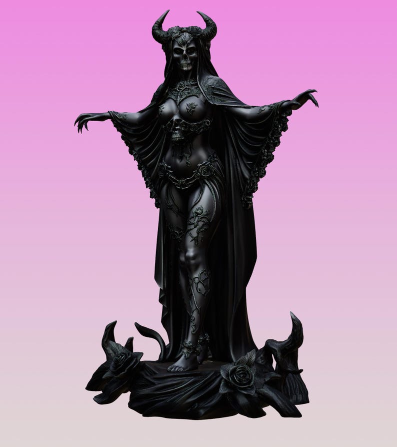 May include: A black statue of a horned skeletal figure with a skull face, wearing a flowing cape and ornate floral-patterned clothing. The figure stands on a base decorated with sculpted roses and curved horn-like elements, with arms outstretched.