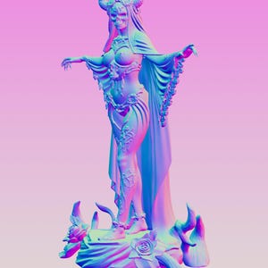 May include: A 3D rendered figurine of a horned skeletal figure wearing a flowing cape and ornate floral-detailed clothing. The figure stands on a base decorated with sculpted roses and thorns, rendered in a vibrant blue and purple gradient.