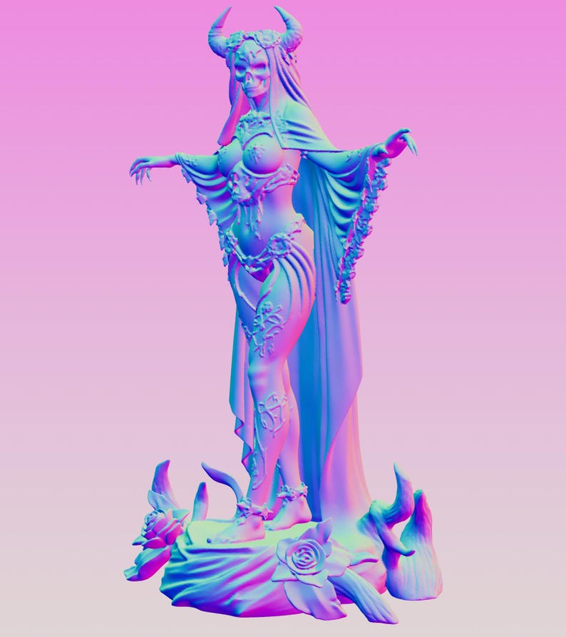 May include: A 3D rendered figurine of a horned skeletal figure wearing a flowing cape and ornate floral-detailed clothing. The figure stands on a base decorated with sculpted roses and thorns, rendered in a vibrant blue and purple gradient.