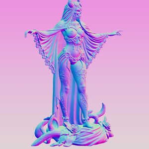 May include: A three-dimensional figurine of a horned, skeletal figure standing on a base decorated with roses and vines. The figure wears a flowing cape with lace-like edges and ornate armor, rendered in a vibrant blue and purple gradient color scheme.
