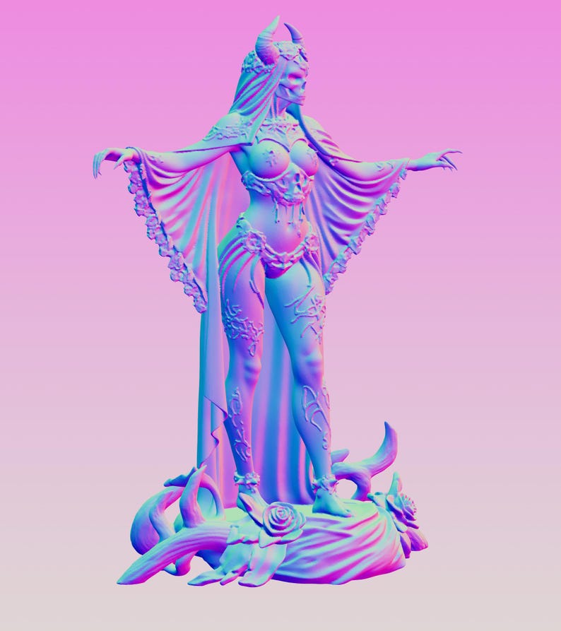 May include: A three-dimensional figurine of a horned, skeletal figure standing on a base decorated with roses and vines. The figure wears a flowing cape with lace-like edges and ornate armor, rendered in a vibrant blue and purple gradient color scheme.