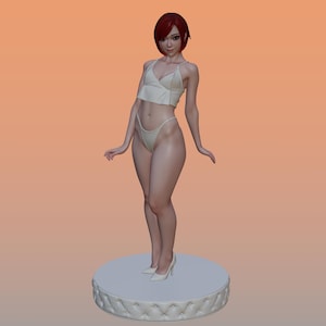May include: A standing figurine of a person with short red hair, wearing a white cropped camisole top and matching high-cut briefs. The figure is posed on a circular, white, tufted-style base with a buttoned texture along the side edge.