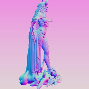 May include: A three-dimensional figurine of a horned figure standing on a base decorated with roses and branches. The figure wears an ornate bodice and a long, flowing cape that drapes to the ground. The entire sculpture features a vibrant gradient.