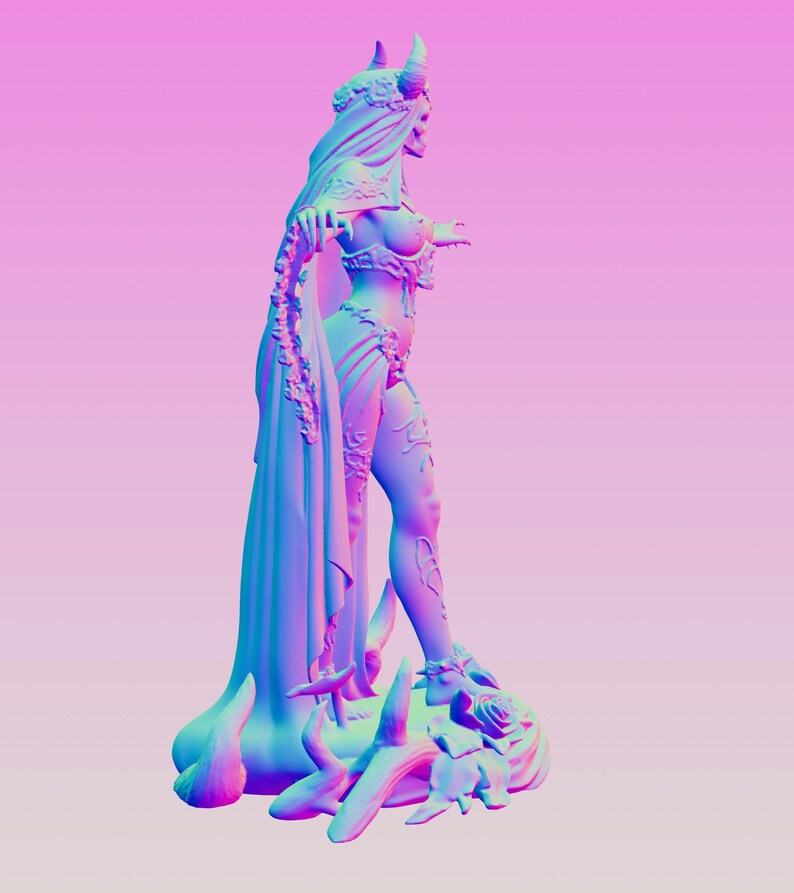May include: A three-dimensional figurine of a horned figure standing on a base decorated with roses and branches. The figure wears an ornate bodice and a long, flowing cape that drapes to the ground. The entire sculpture features a vibrant gradient.